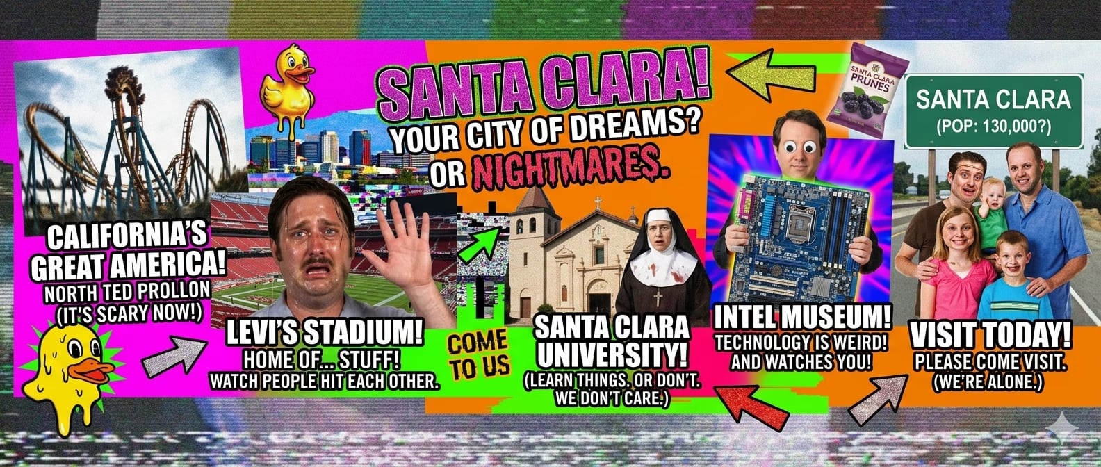 AI-generated parody Santa Clara tourism collage with a roller coaster, stadium, mission, motherboard, prunes, and cartoon ducks