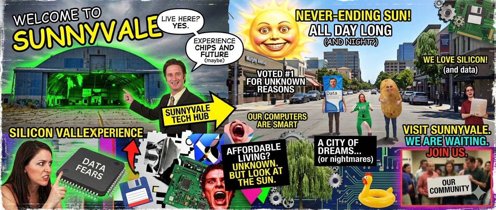 AI-generated parody Sunnyvale tourism collage in a colorful illustrated brochure style