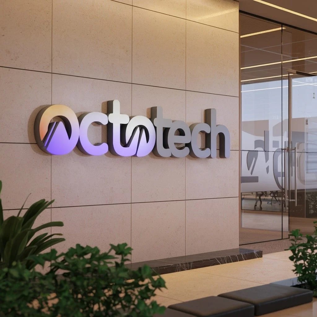 Multi-layered dimensional sign with raised letters and layered materials creating depth, shadows, and a clean commercial look.