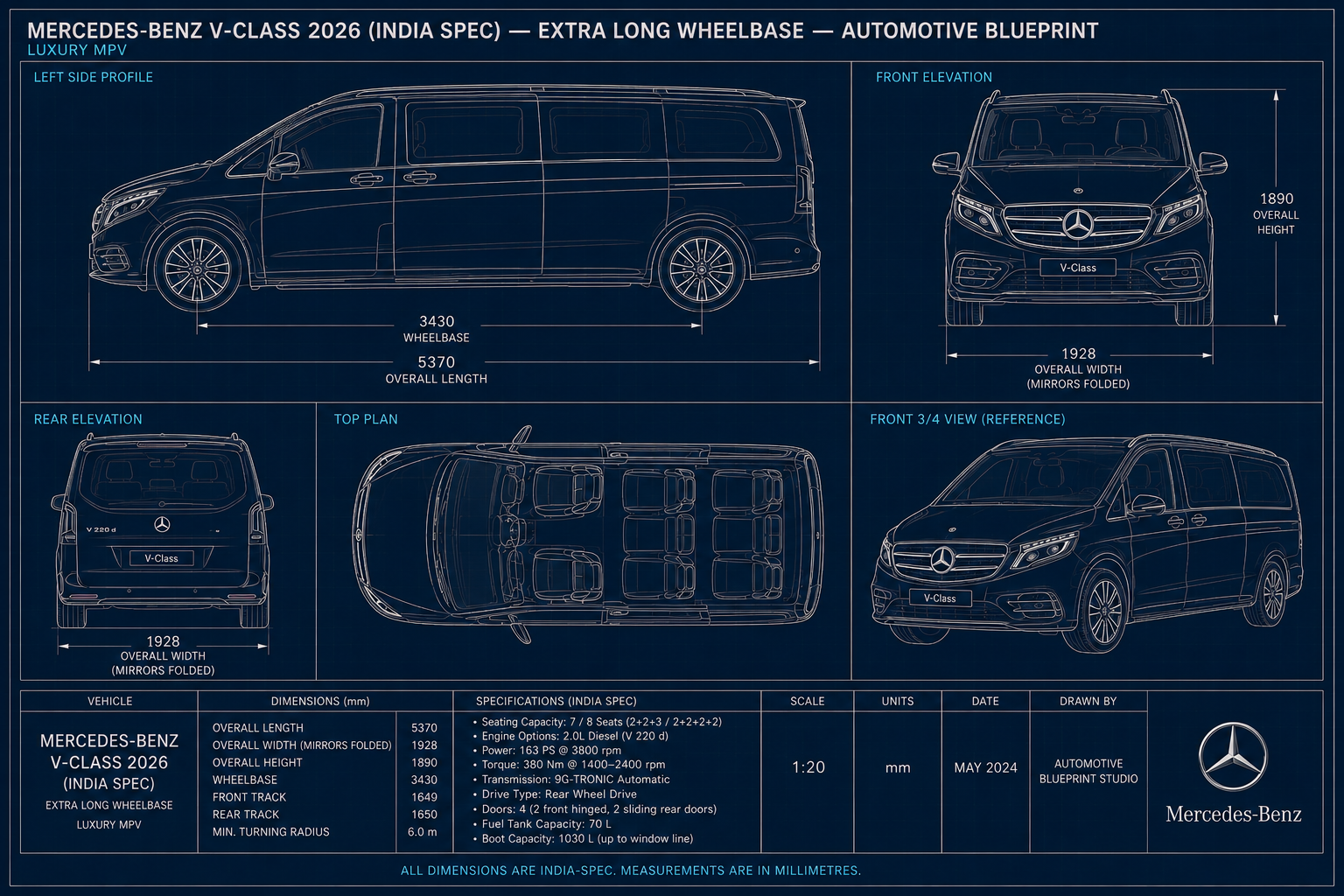 Mercedes-Benz V-Class 2026: India-spec Extra-Long-Wheelbase blueprint. 5,370 mm long, 3,430 mm wheelbase, V 220 d diesel, 9-speed automatic, rear-wheel drive. Illustration: IndiCar