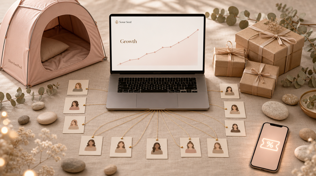 Laptop with growth dashboard surrounded by minimalist nursery decor and influencer network icons. Laptop with growth dashboard surrounded by minimalist nursery decor and influencer network icons.