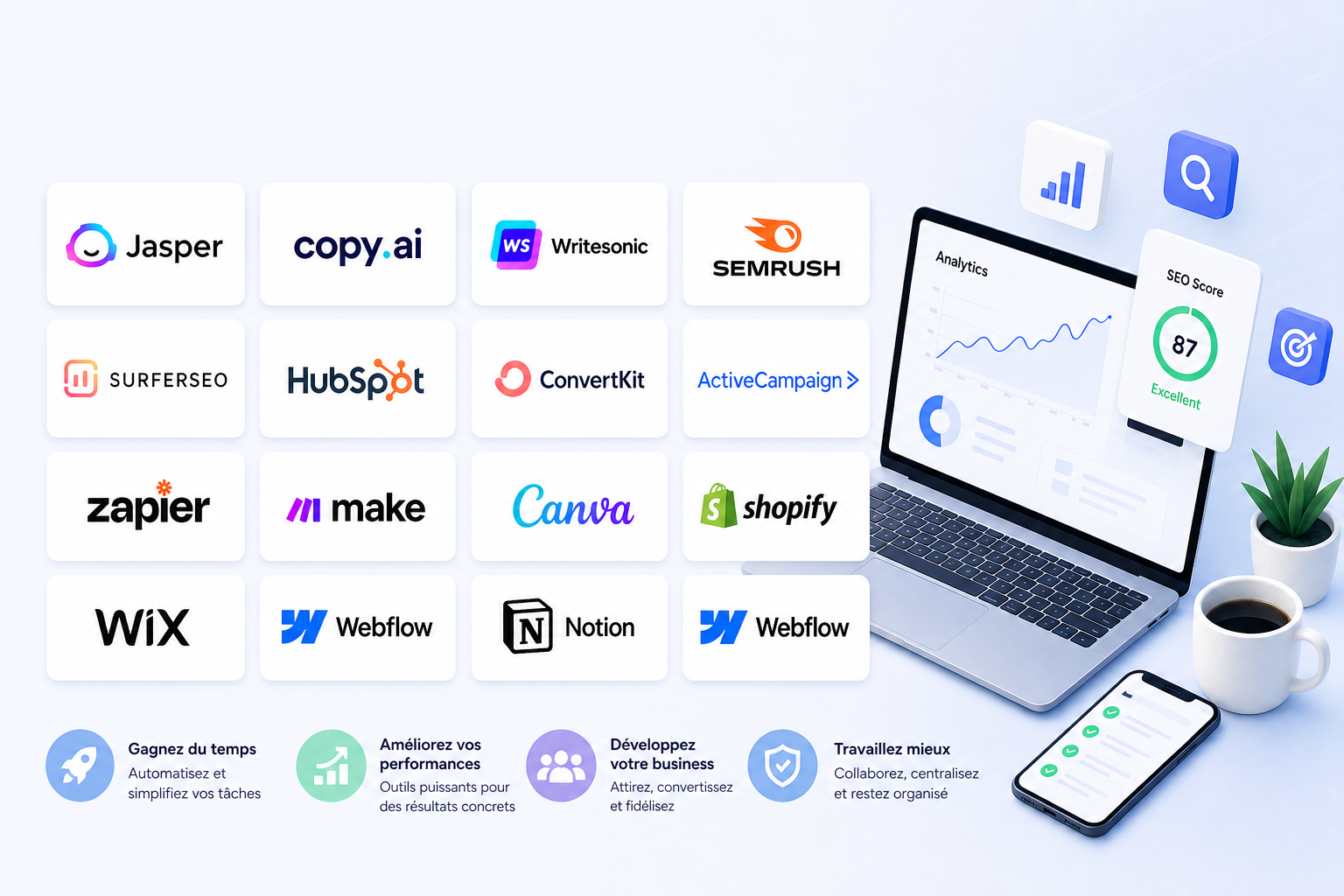 Comparatif Jasper, CopyAI, Semrush, Zapier, Canva et Notion