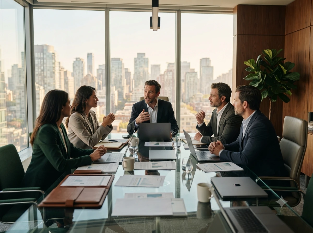 Ambiente corporativo o reunión ejecutiva que sugiera responsabilidad empresarial frente a terceros (RC General, Profesional y D&O).