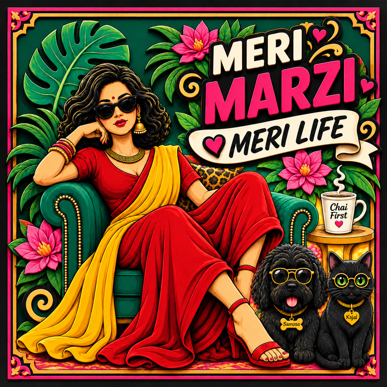 A woman relaxing on a green sofa in a red and yellow saree and sunglasses, with a cup of chai, Samosa the dog and Kajal the cat beside her, under the words Meri Marzi, Meri Life
