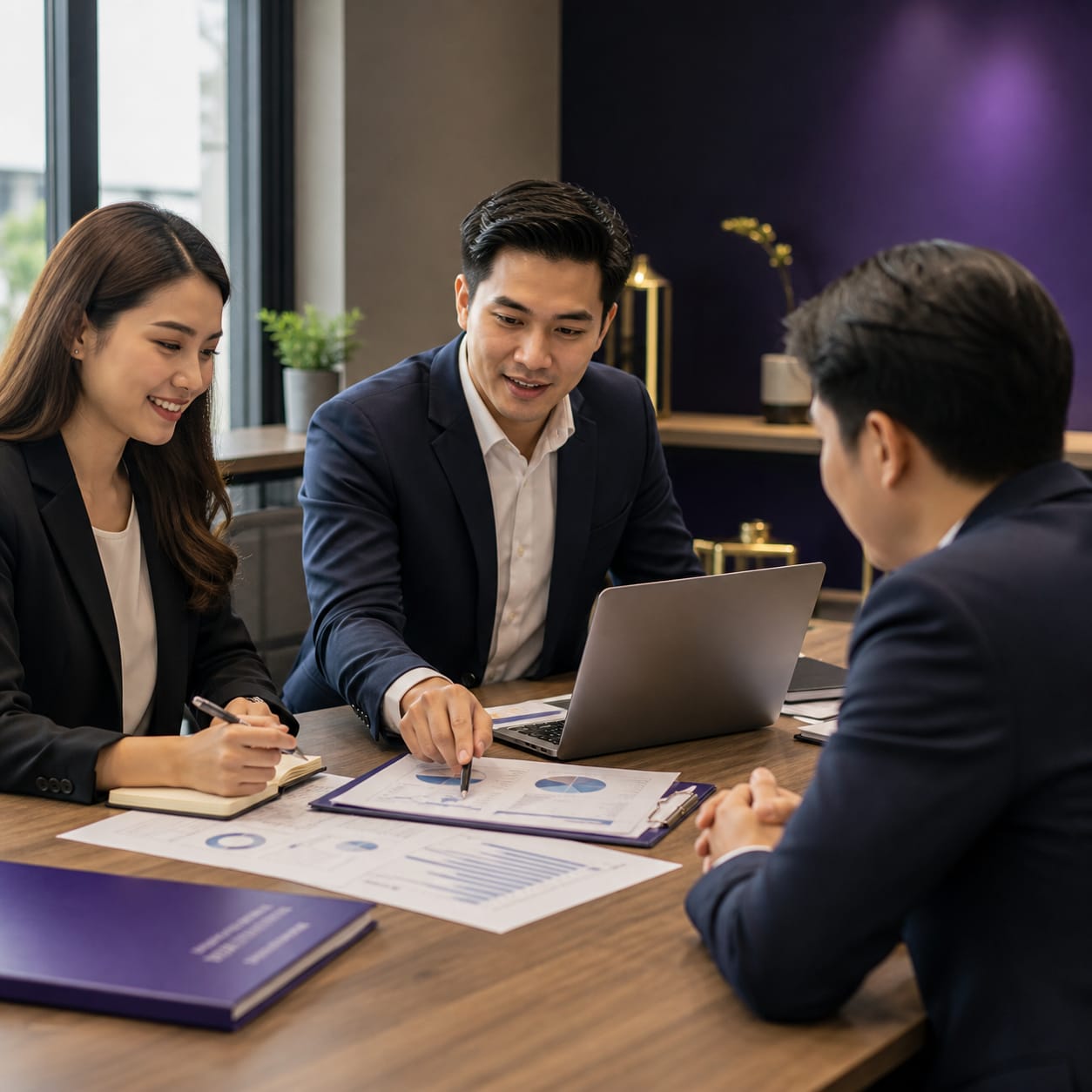 Consulting team reviewing business reports