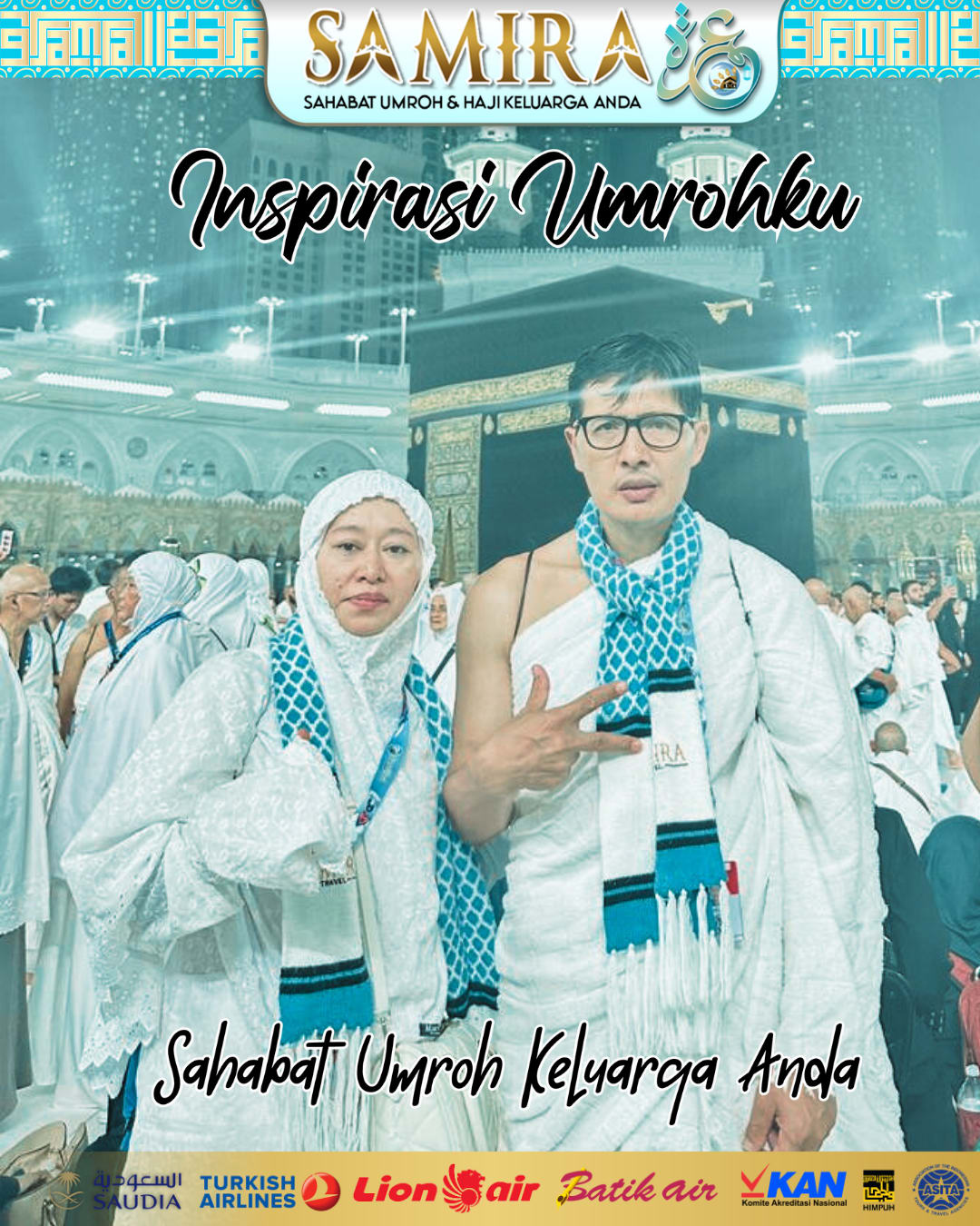 Galeri perjalanan umroh bersama Samira Travel menampilkan momen kebersamaan jamaah termasuk Ahmid dan istri