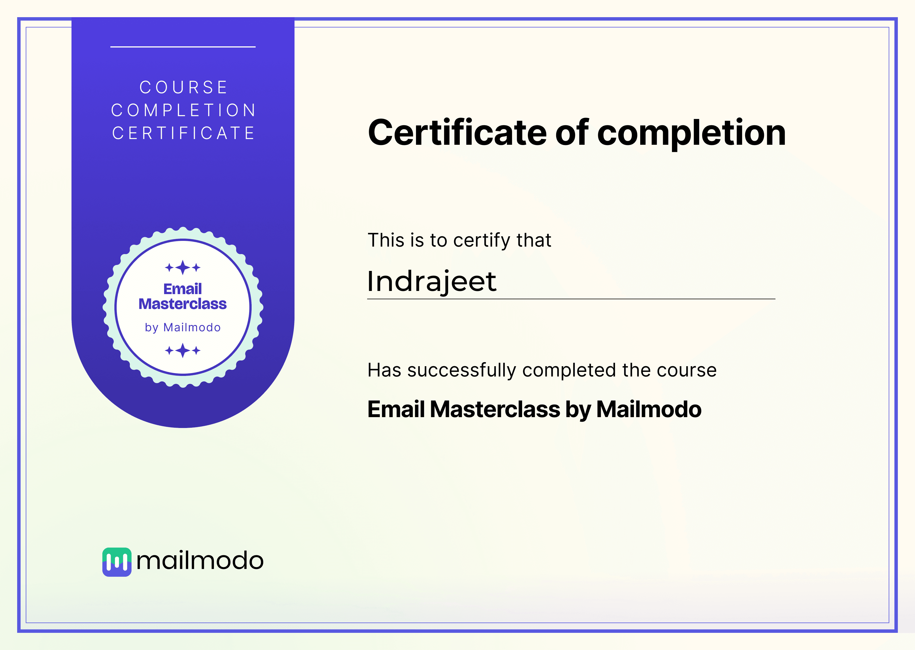 Email Masterclass Certificate for Indrajeet