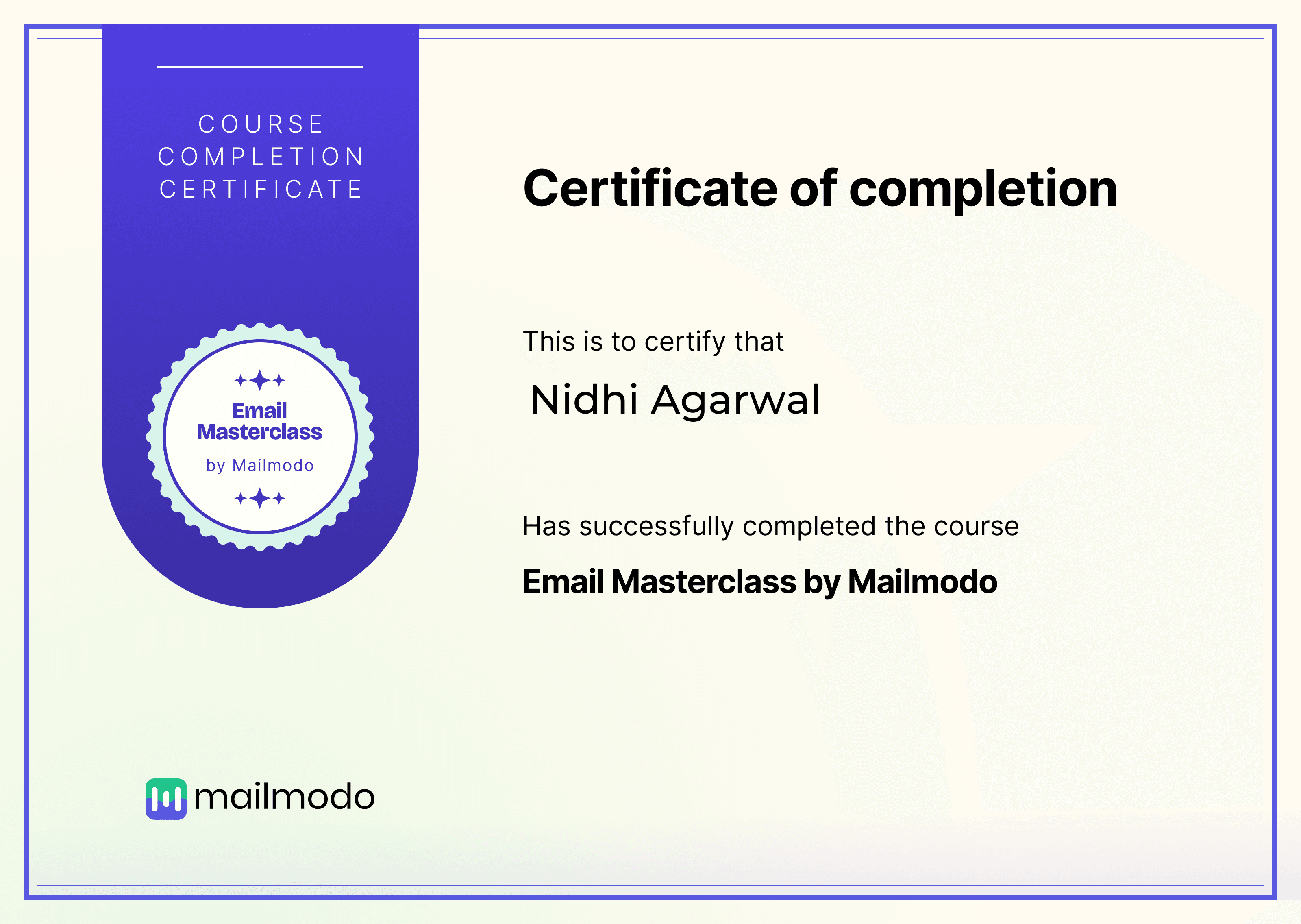 Email Masterclass Certificate for Nidhi Agarwal