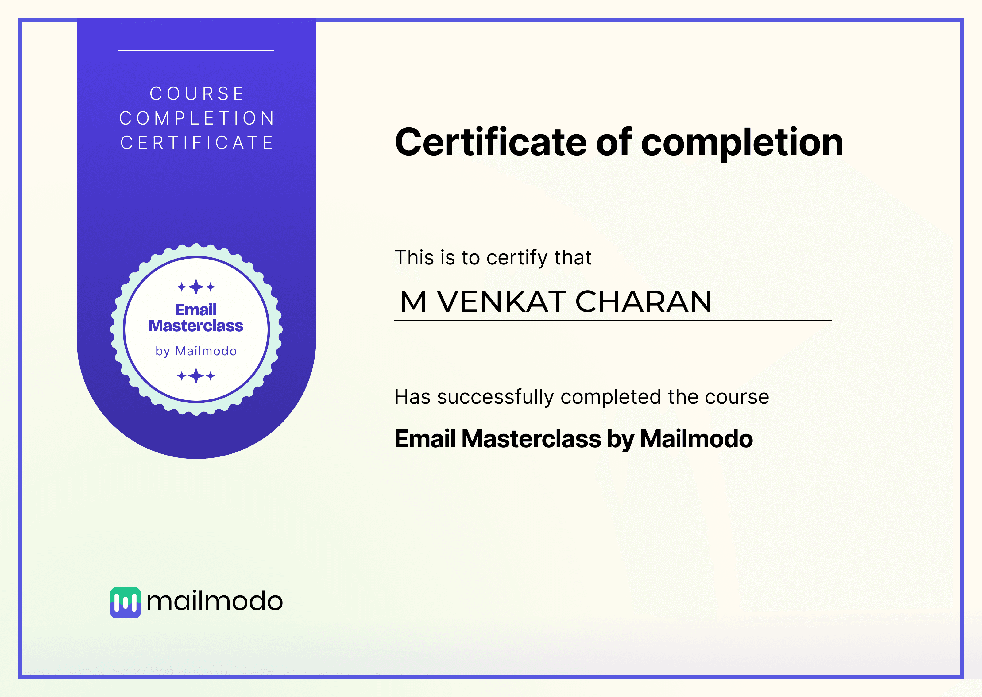 Email Masterclass Certificate for M VENKAT CHARAN