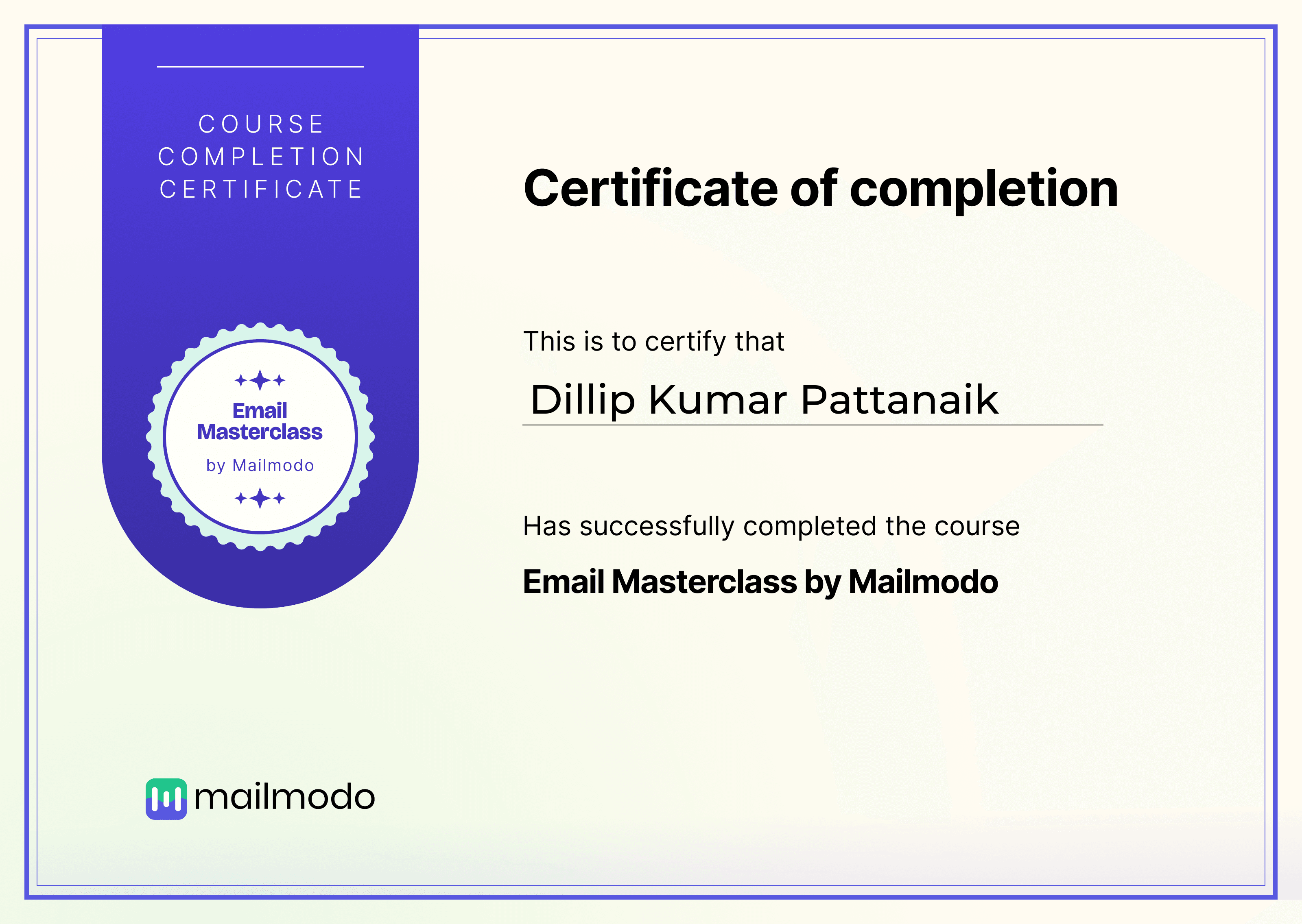 Email Masterclass Certificate for Dillip Kumar Pattanaik