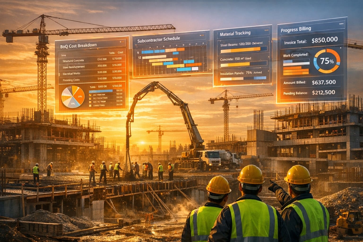 Active construction site with modern equipment and project management demonstrating construction ERP capabilities