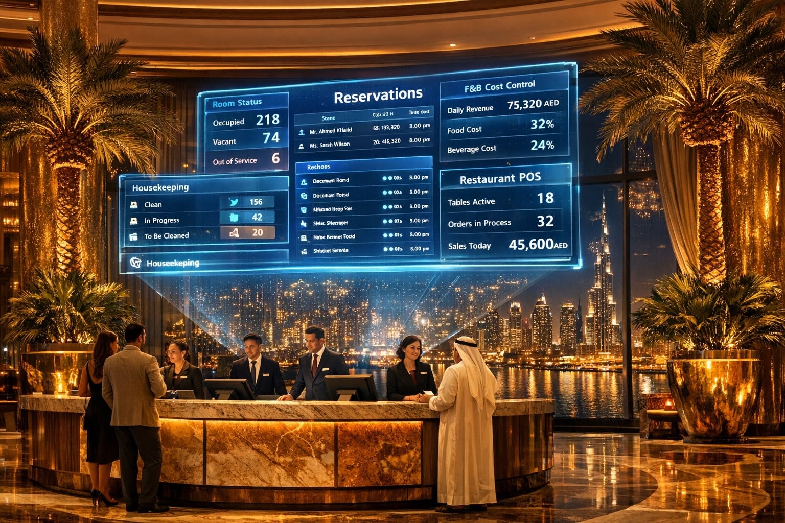 Luxury hotel lobby and hospitality operations demonstrating PMS and guest management