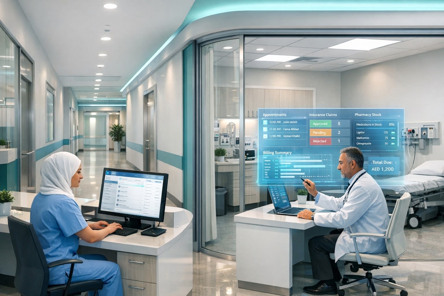 Modern healthcare technology office with advanced patient management systems