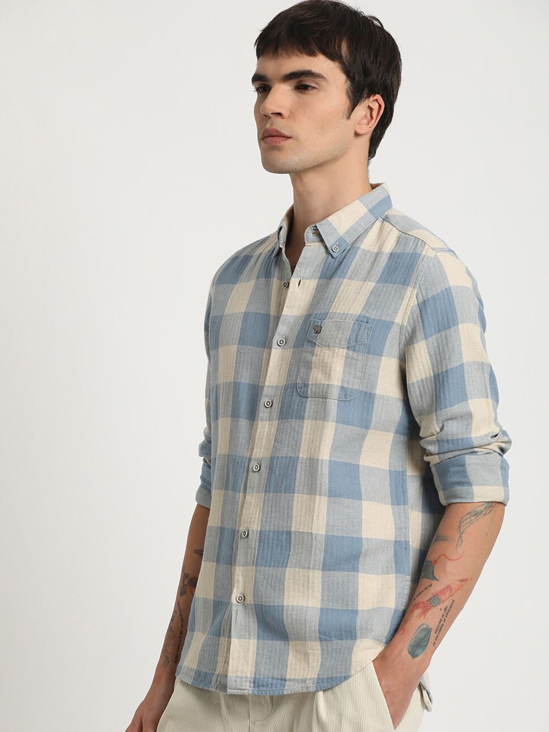 THE BEAR HOUSE Men Windowpane Checked Slim Fit Cotton Linen Shirt - back view