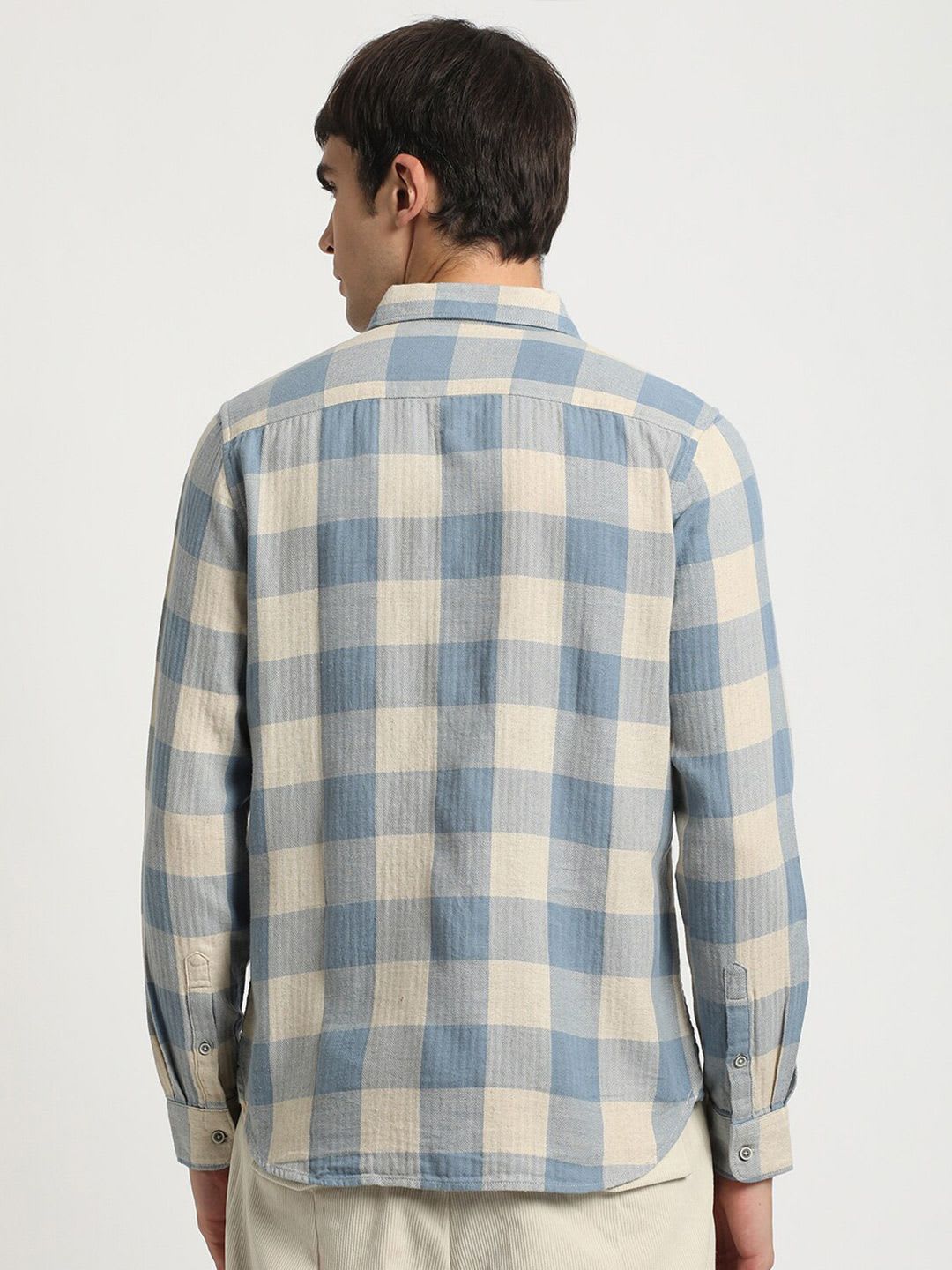 THE BEAR HOUSE Men Windowpane Checked Slim Fit Cotton Linen Shirt - right view