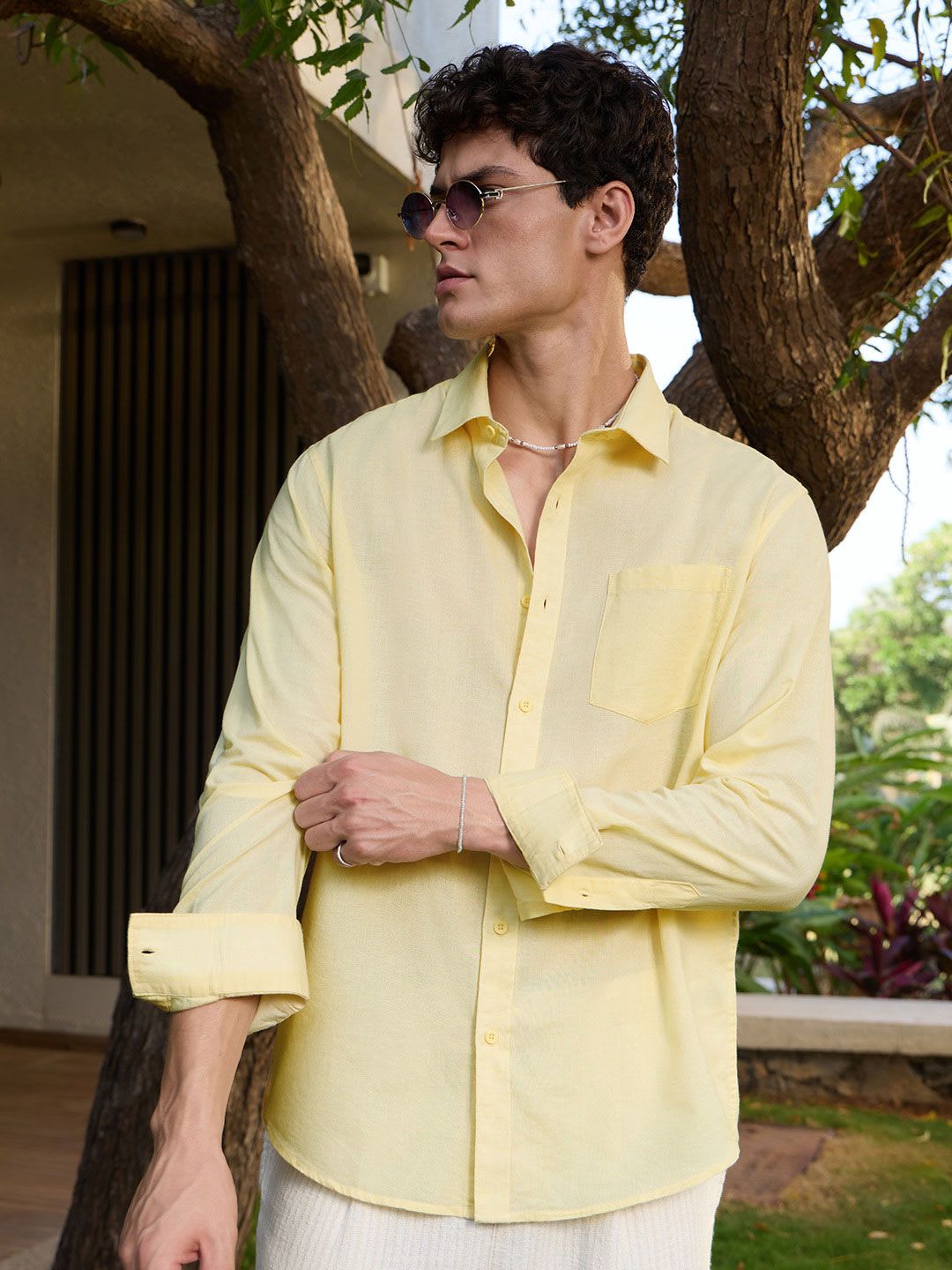 The Souled Store Men Regular Fit Solid Yellow Cotton Linen Shirts - default view