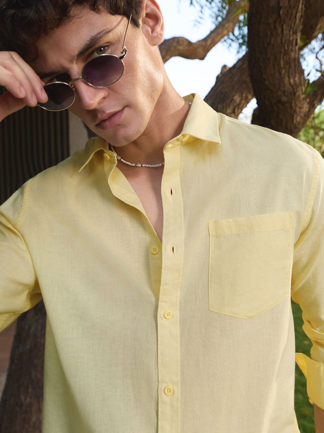 The Souled Store Men Regular Fit Solid Yellow Cotton Linen Shirts - left view