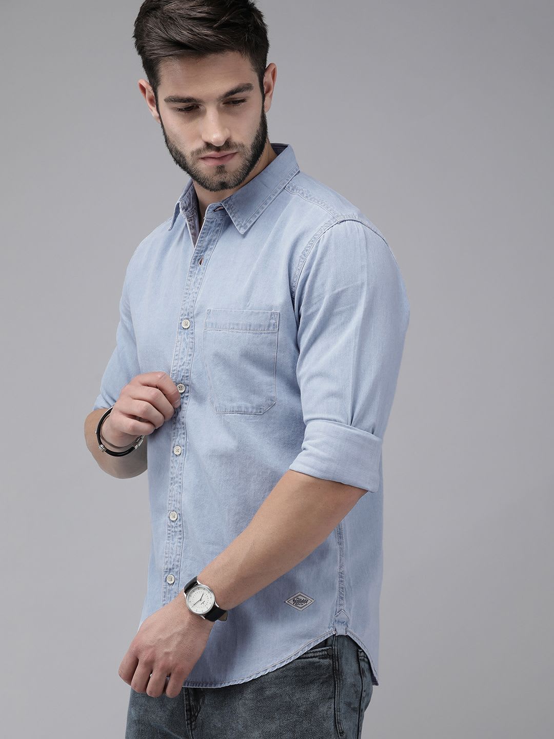 Roadster The Roadster Lifestyle Co Men Light Blue Solid Regular Fit Chambray Casual Shirt - right view