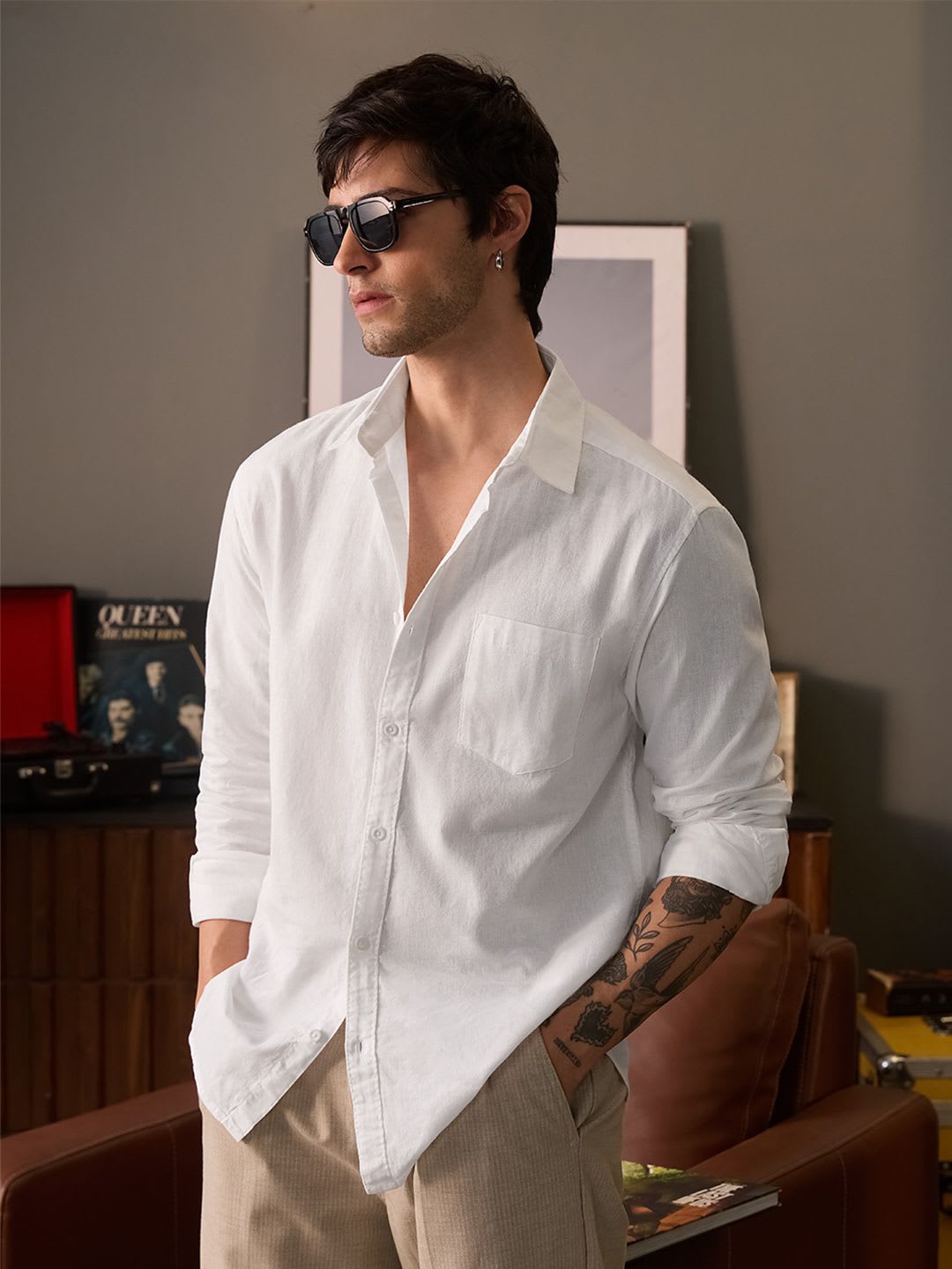 The Souled Store Men Regular Fit Solid White Cotton Linen Shirts - default view