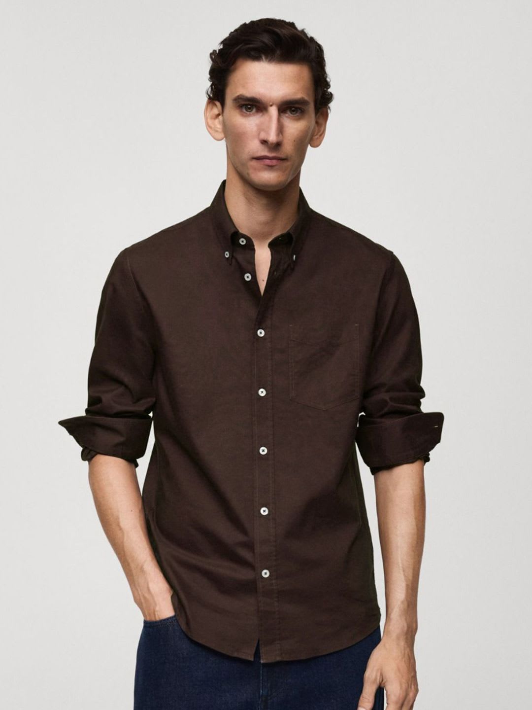 MISCHIEF MONKEY Men Classic Fit Button-Down Collar Solid Cotton Casual Shirt - default view
