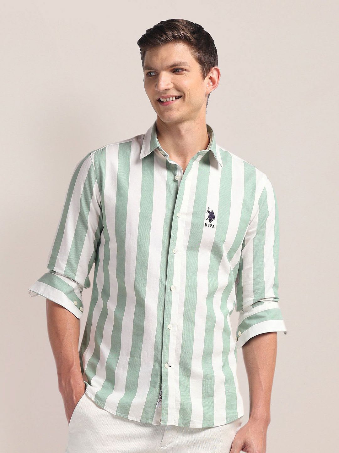 U.S. Polo Assn. Men Classic Spread Collar Vertical Striped Cotton Casual Shirt - default view