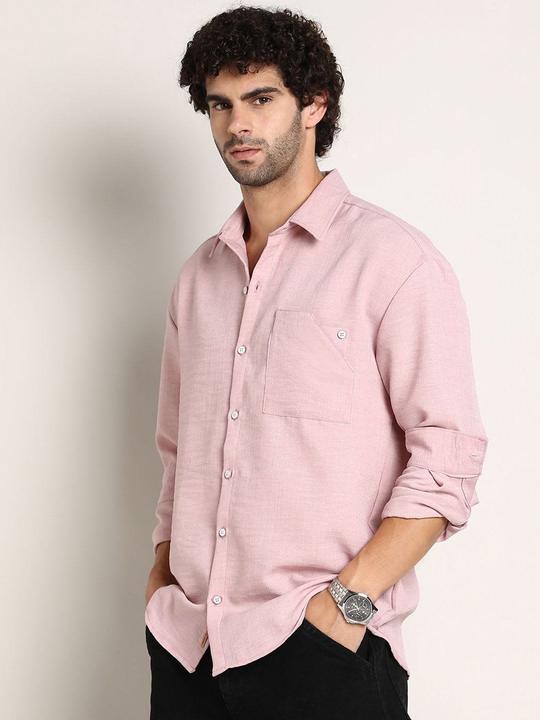 CAHOOT Men Comfort Relaxed Fit Spread Collar Solid Cotton Casual Shirt - right view