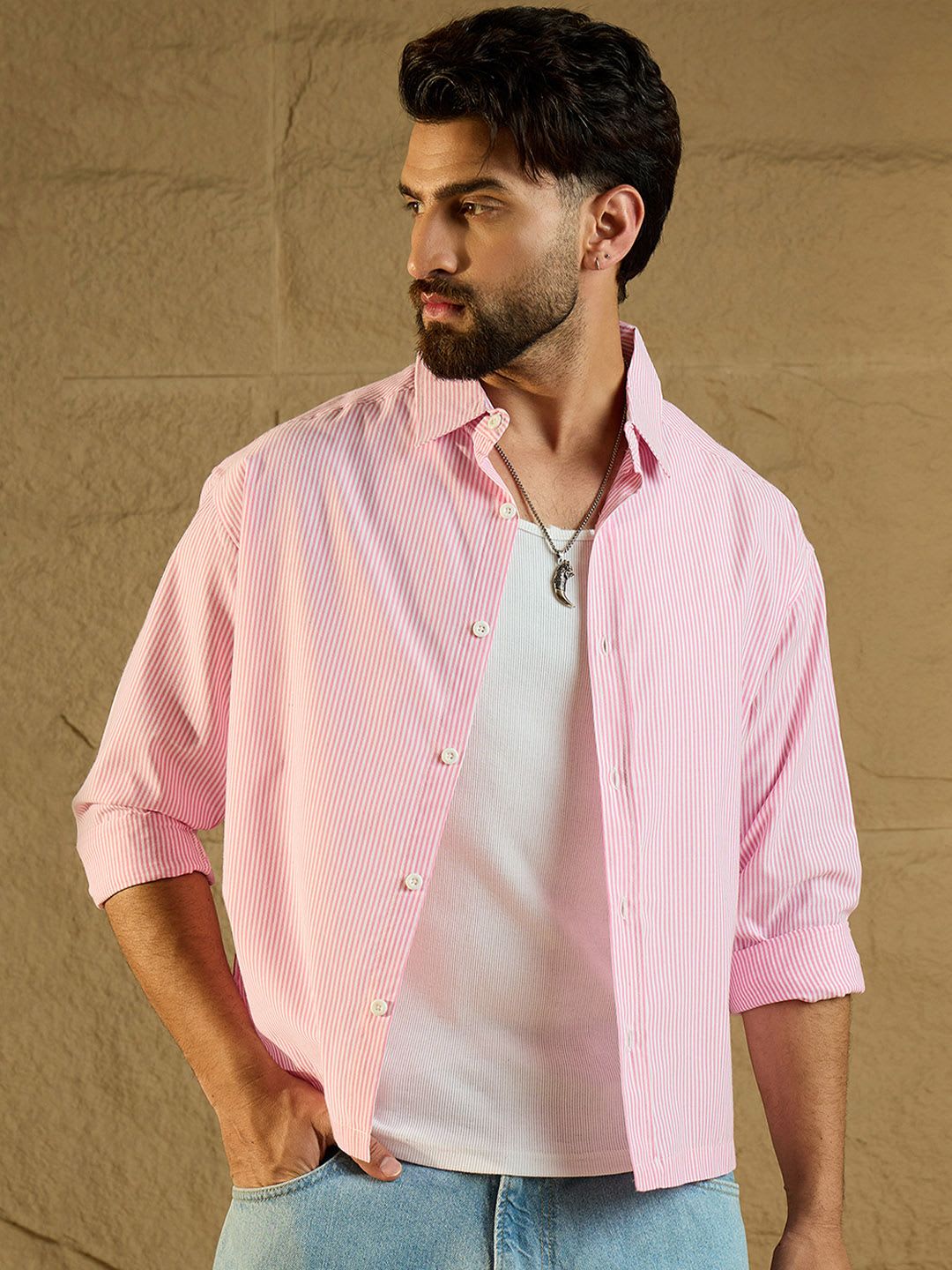 CHIMPAAANZEE Striped Casual Oversized  Shirt - default view