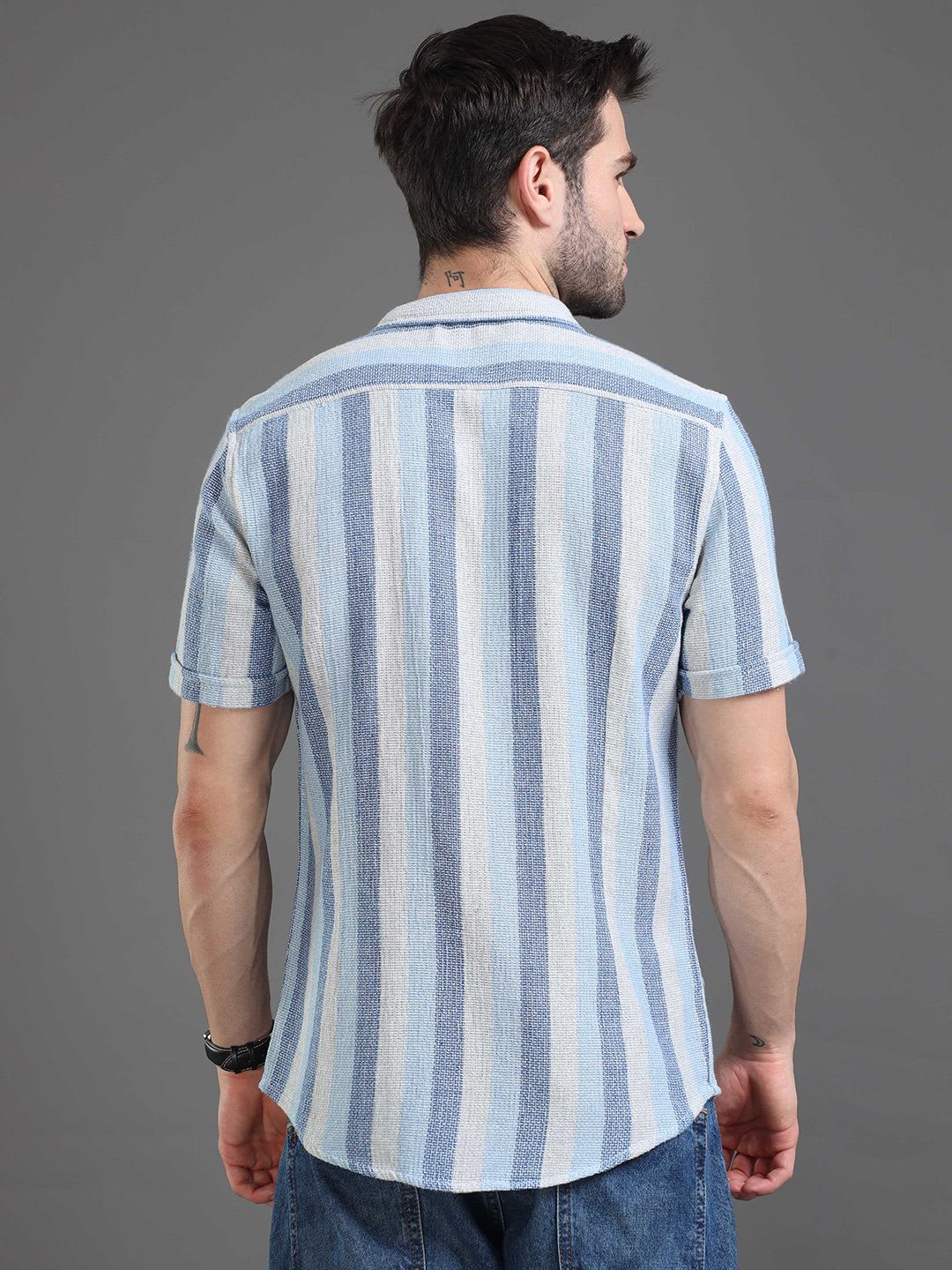 Moda Rapido blue Slim Fit Striped Short Sleeves Cotton Casual Shirt - left view