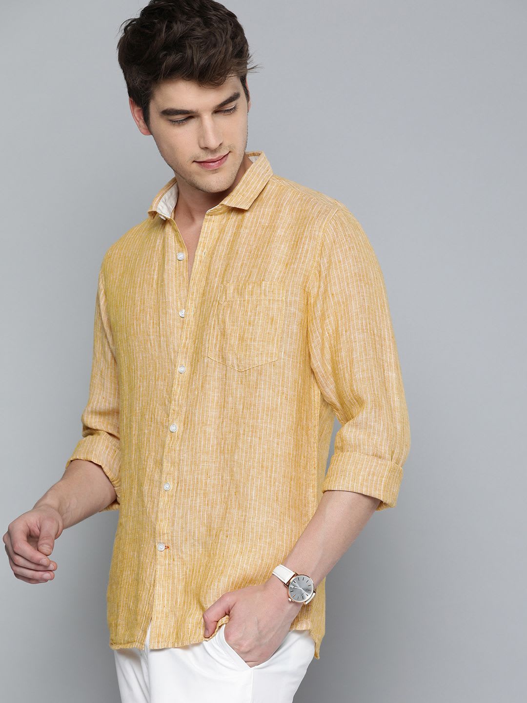 Mast & Harbour Men Yellow & White Regular Fit Striped Casual Shirt - right view