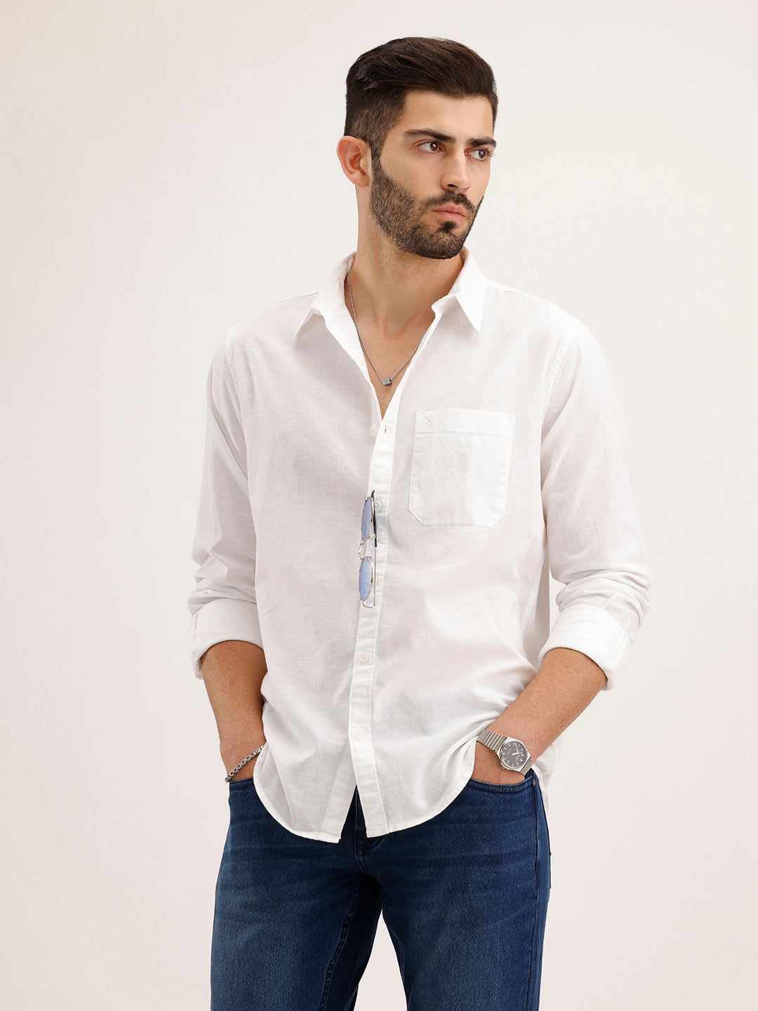 WROGN Men White Slim Fit Cotton Linen Casual Shirt - default view