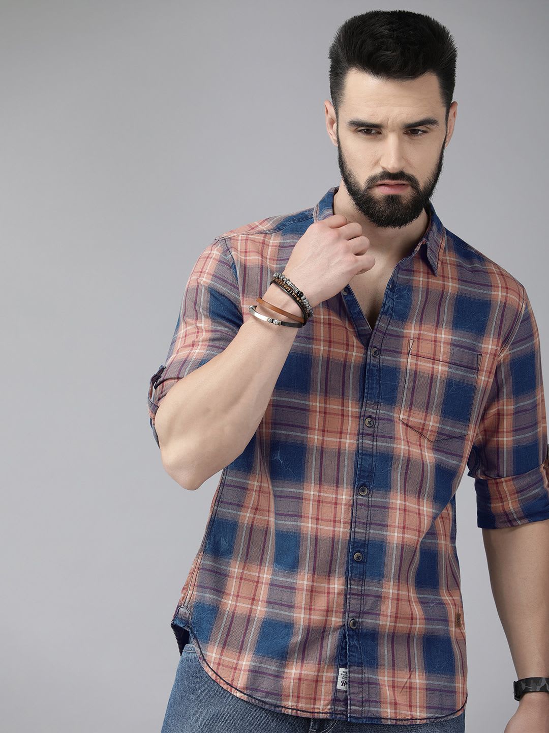 Roadster Men Blue Pure Cotton Checked Casual Shirt - default view