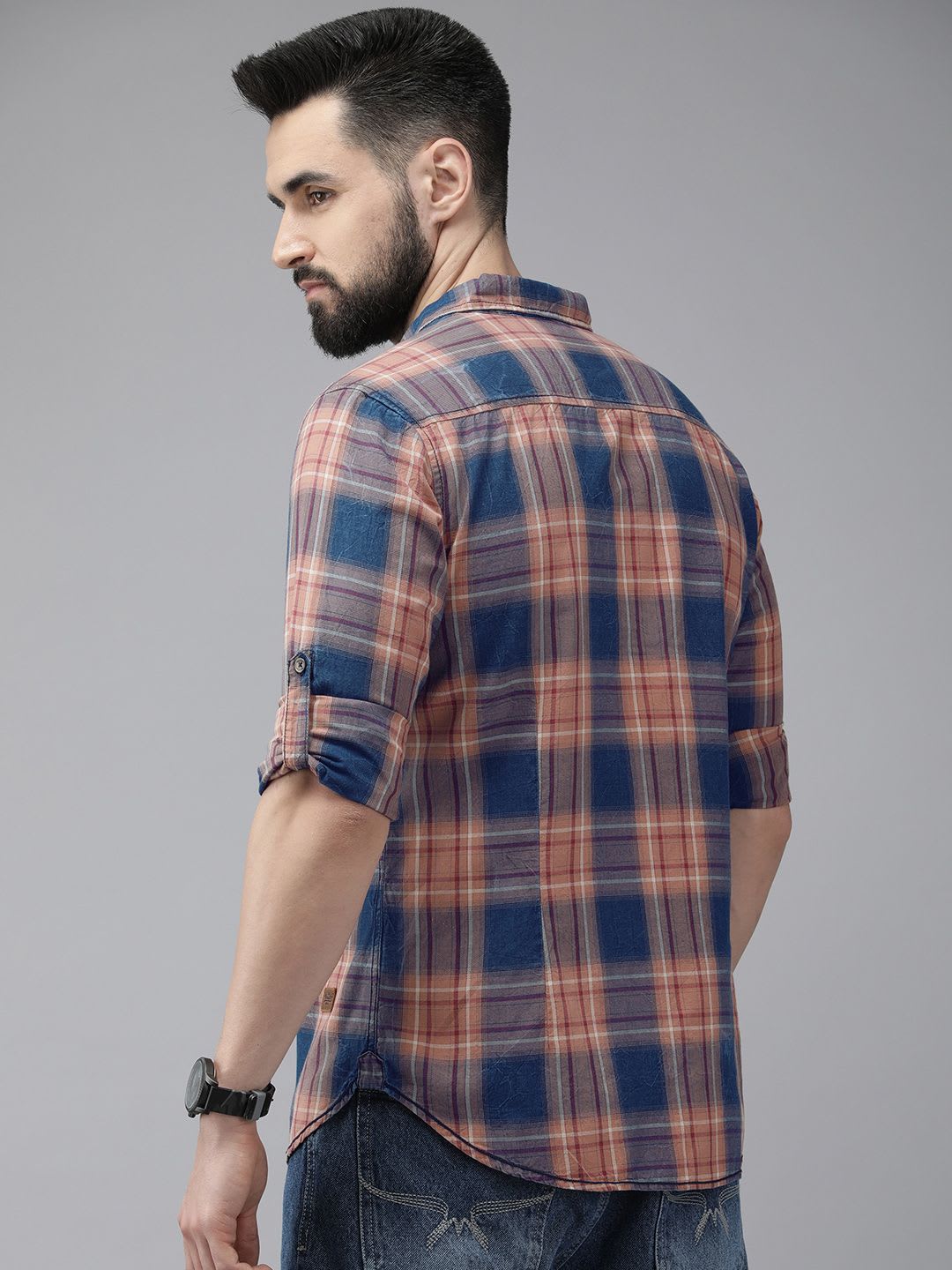 Roadster Men Blue Pure Cotton Checked Casual Shirt - left view