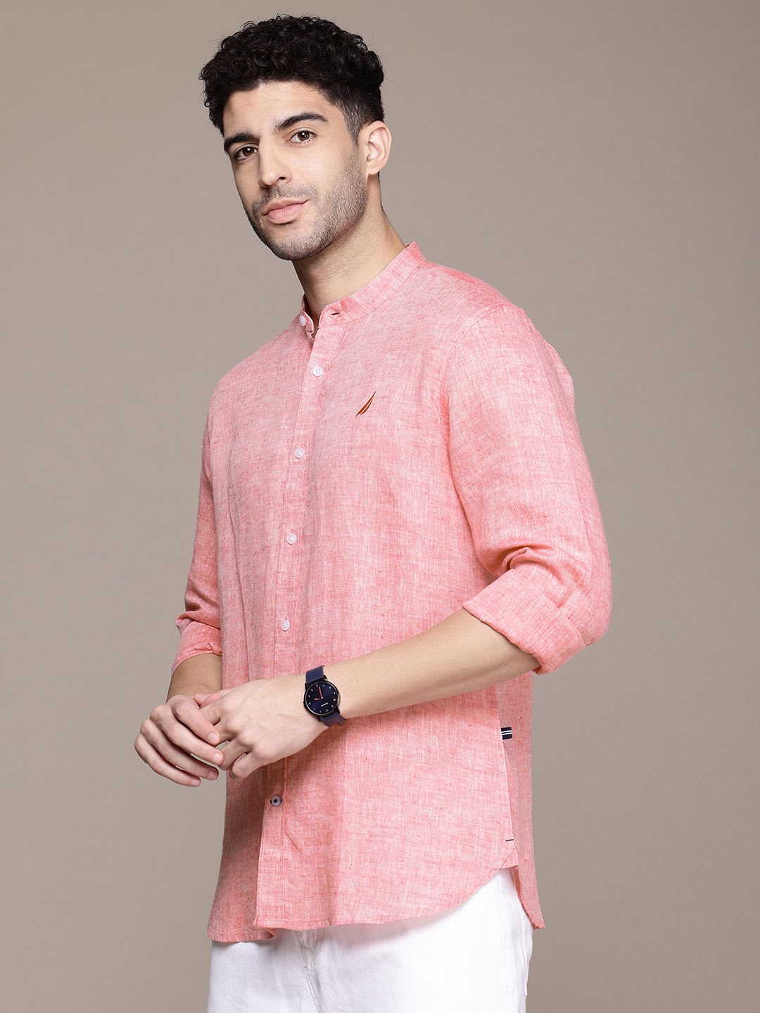 Nautica Smart Slim Fit Solid Premium Casual Linen Shirt - left view