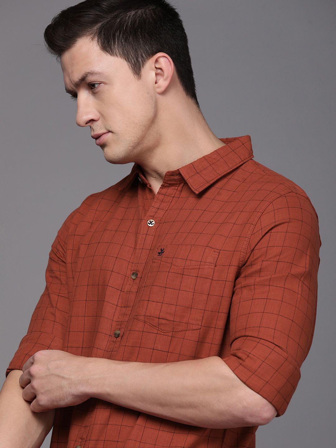 WROGN Men Rust Brown & Black Slim Fit Grid Tattersall Checks Checked Casual Shirt - default view