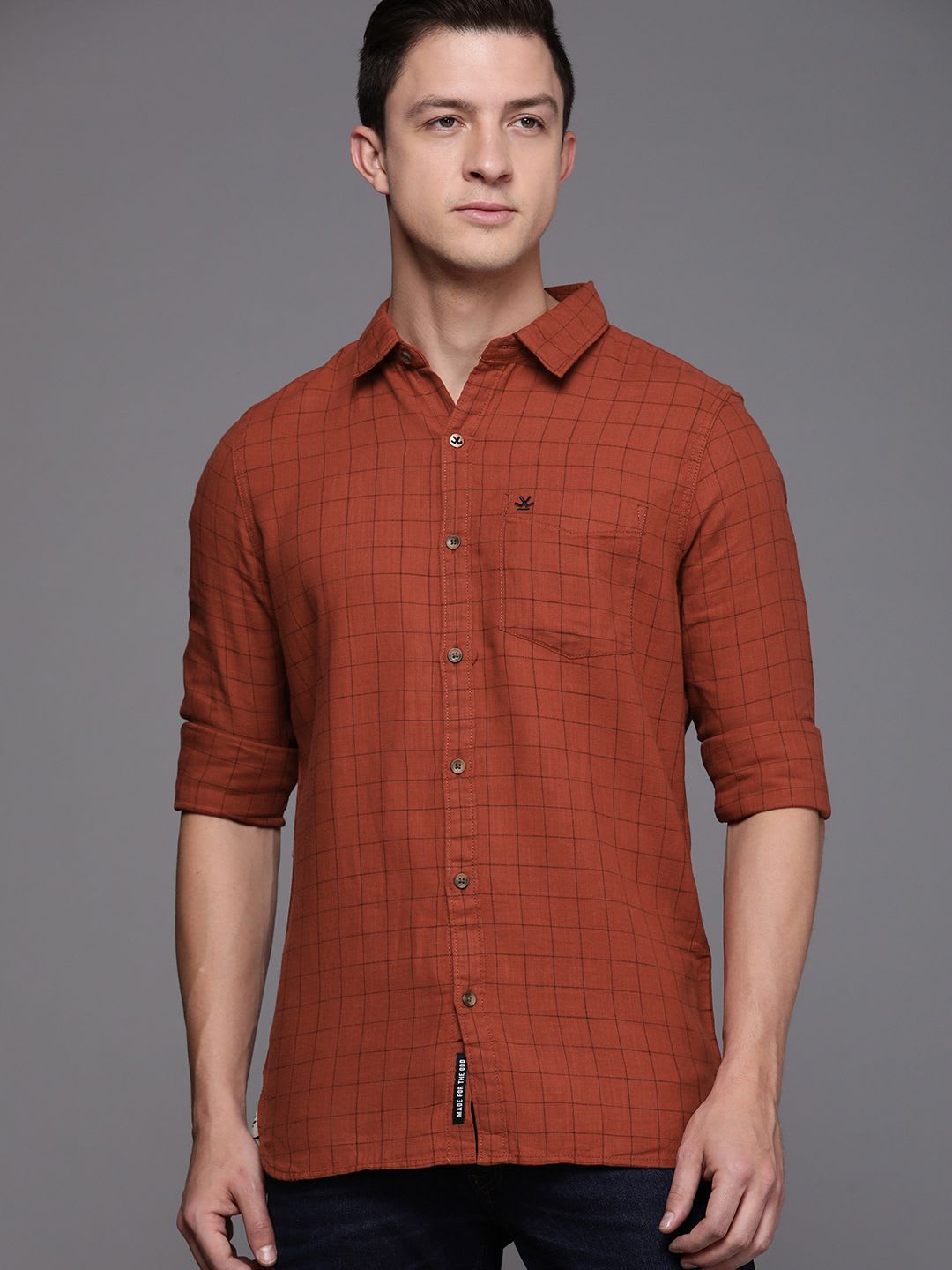 WROGN Men Rust Brown & Black Slim Fit Grid Tattersall Checks Checked Casual Shirt - right view