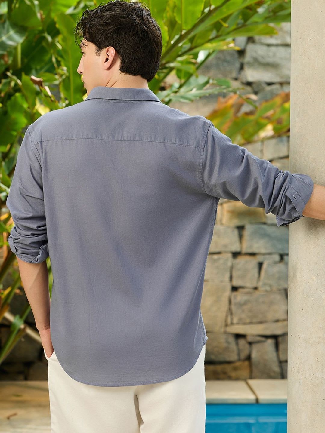 Bewakoof Men's Dark Grey Cotton Linen Shirt - back view