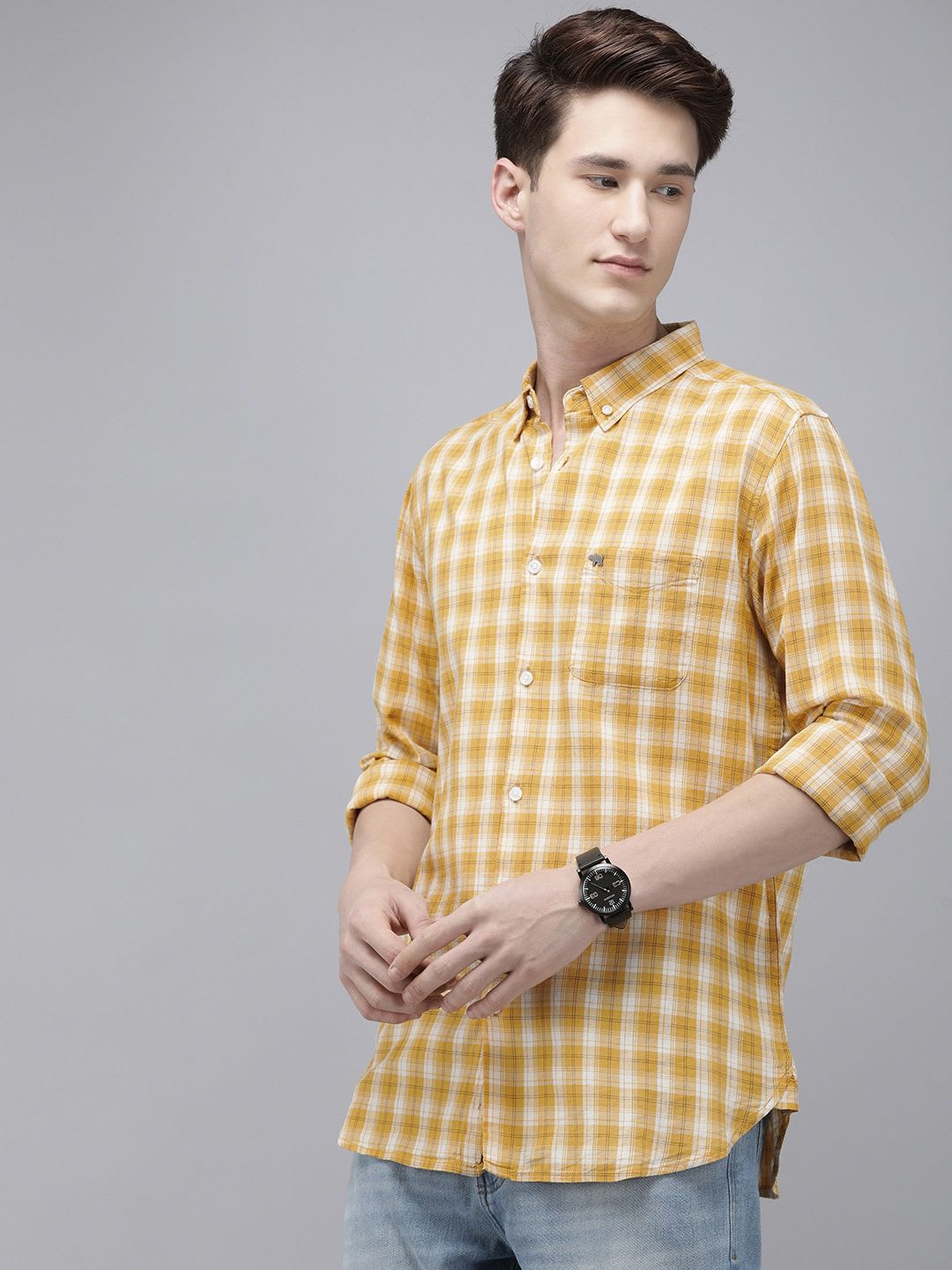 THE BEAR HOUSE Men Yellow Slim Fit Checked Casual Shirt - right view