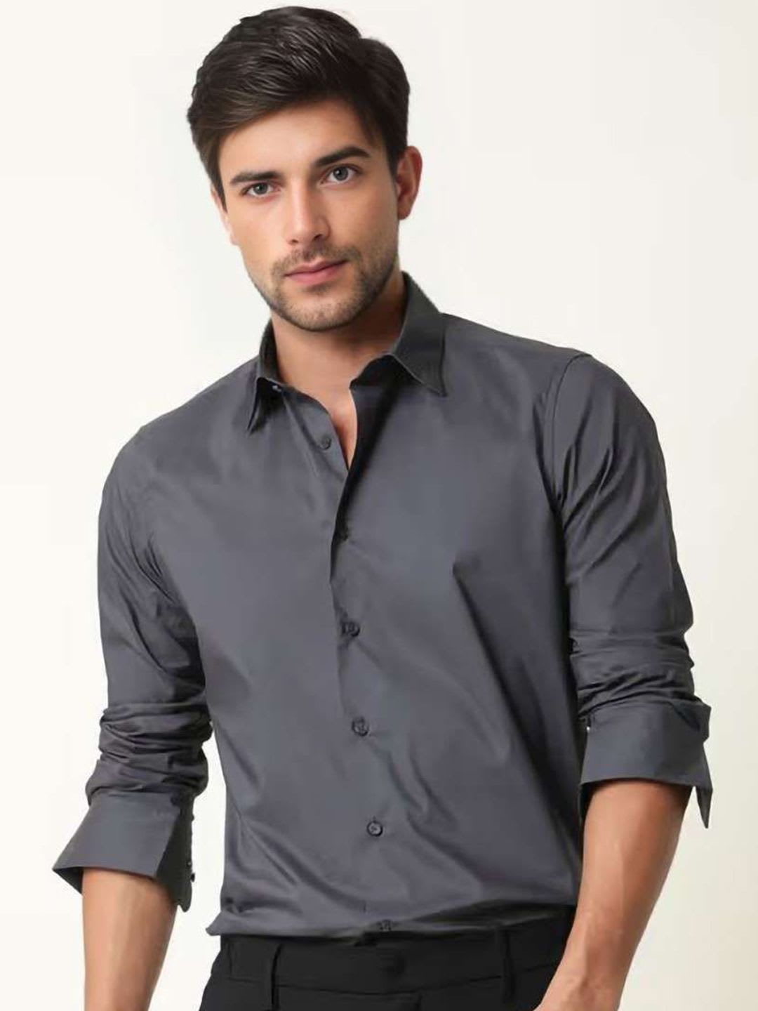 MISCHIEF MONKEY Men Classic Tailored Fit Solid Spread Collar Pure Cotton Casual Shirt - default view