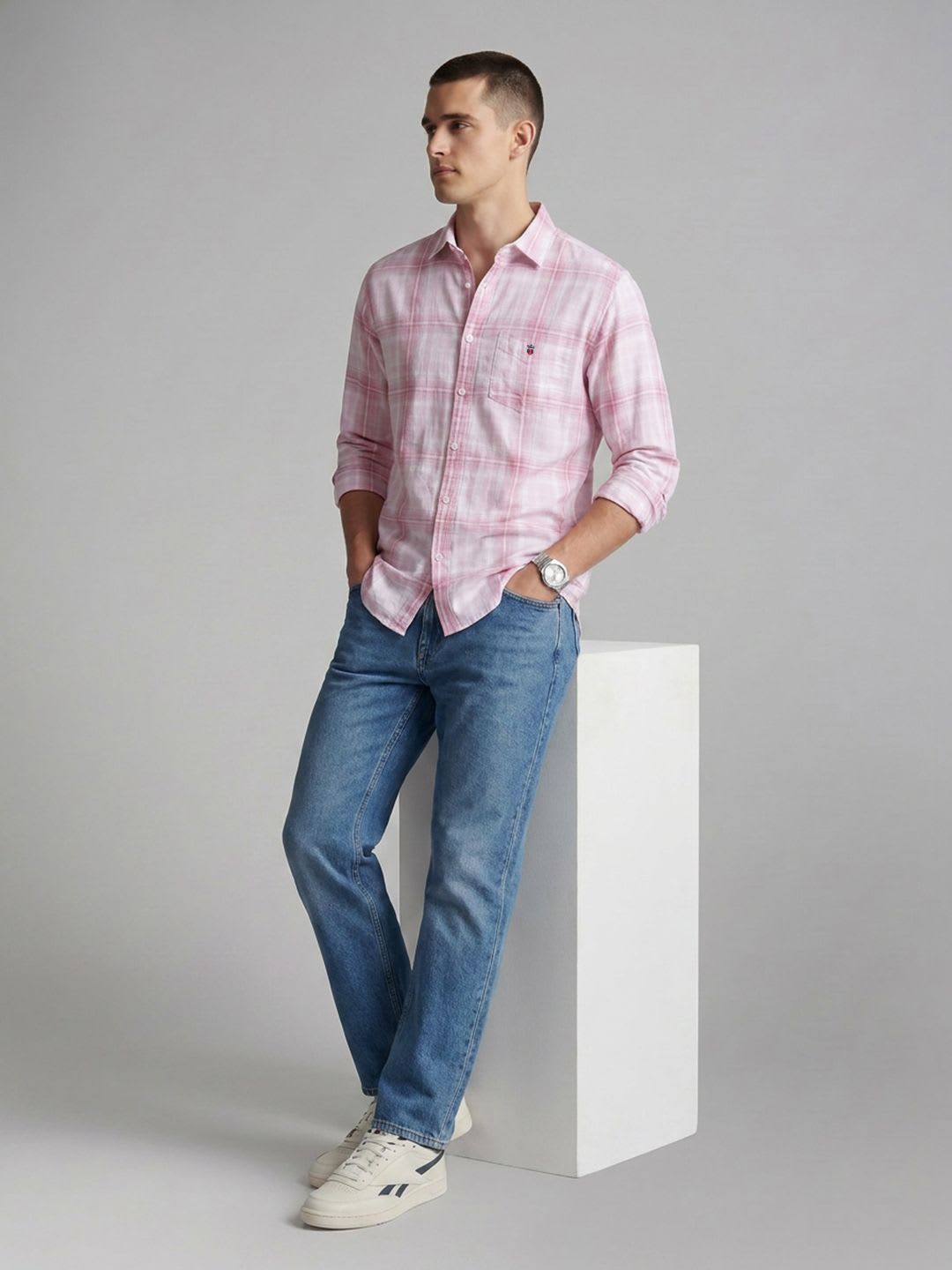 Louis Philippe Sport Checked Cotton Linen Casual Shirt - back view