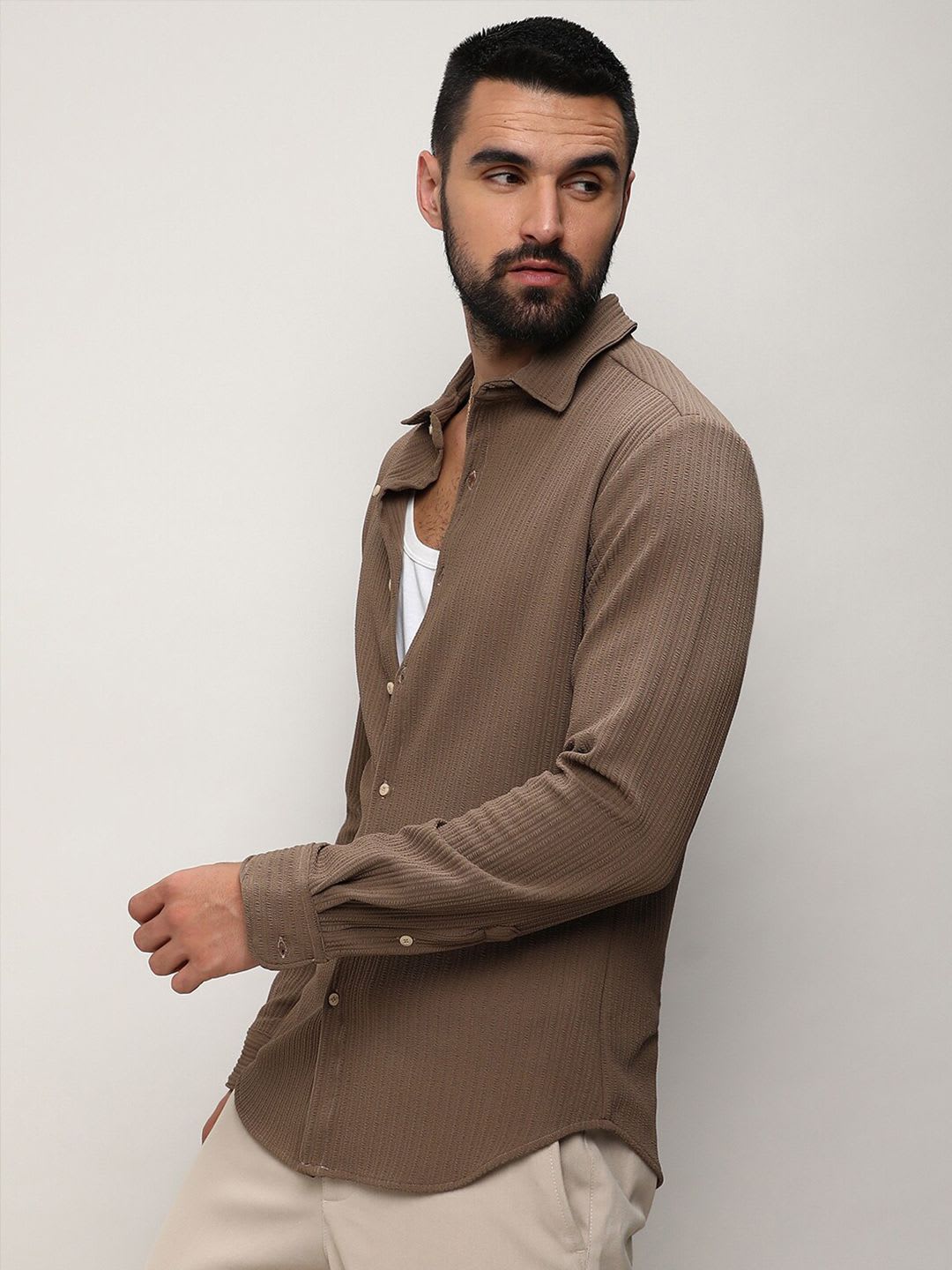 CAHOOT Men's Classic Self Design Spread Collar Casual Shirt - right view