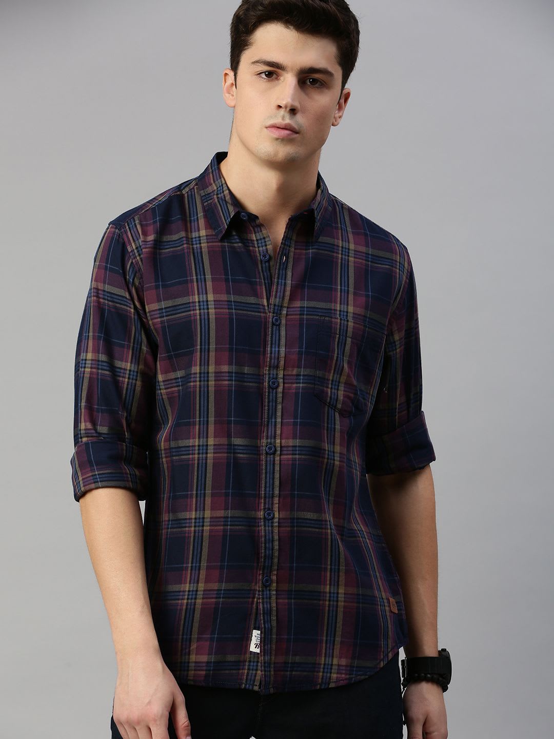 Roadster Men Navy Blue & Pink Checked Casual Shirt - default view