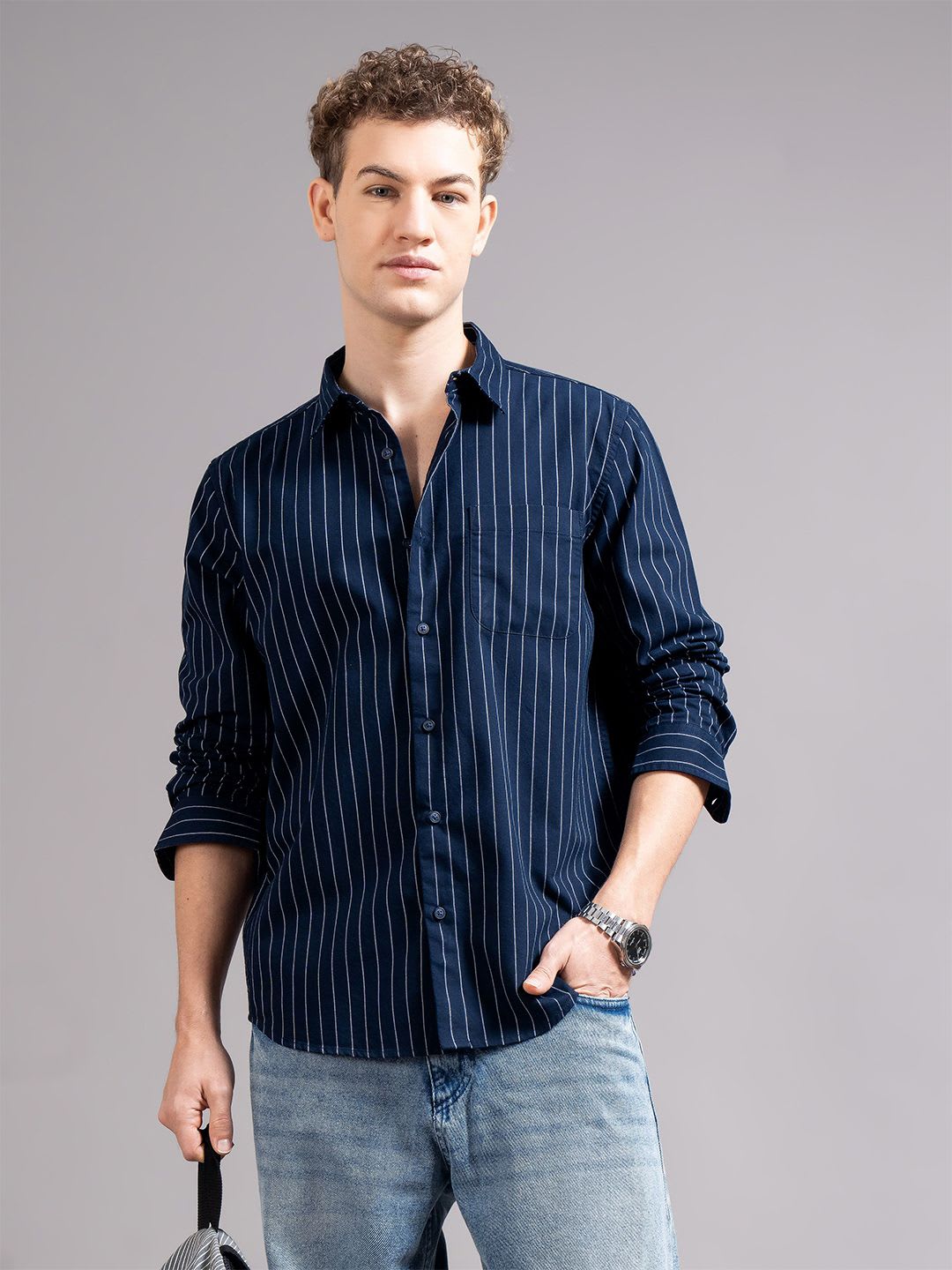 British Club Men Smart Slim Fit Vertical Striped Spread Collar Cotton Casual Shirt - default view