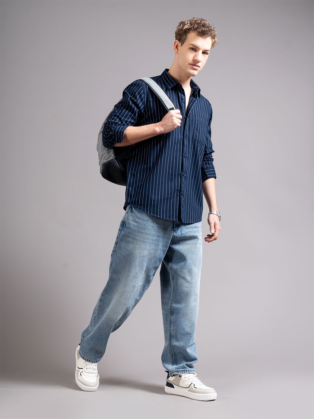 British Club Men Smart Slim Fit Vertical Striped Spread Collar Cotton Casual Shirt - left view