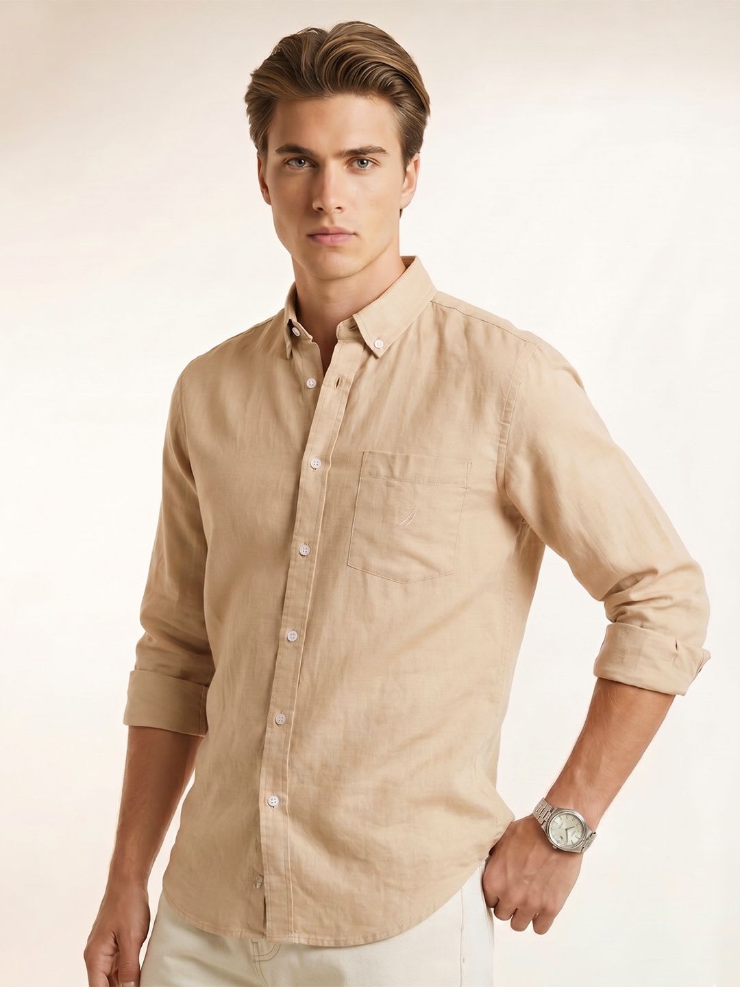 Nautica Slim Fit Button Down Pure Linen Casual Shirt - default view