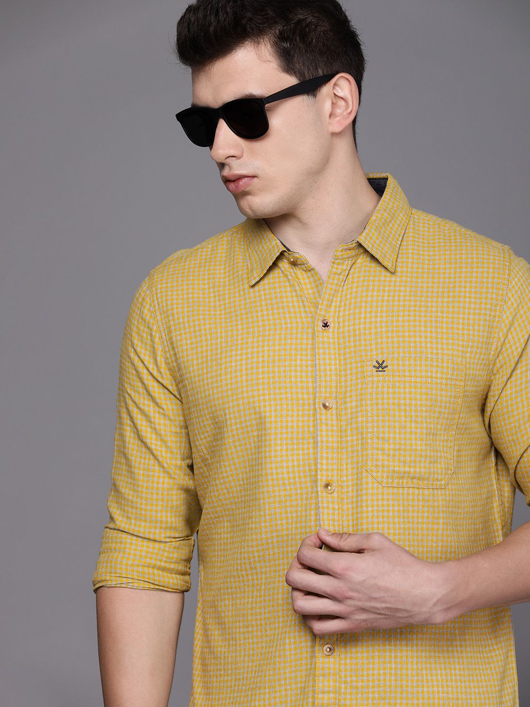 WROGN Men Yellow & Grey Slim Fit Micro Checks Casual Shirt - default view