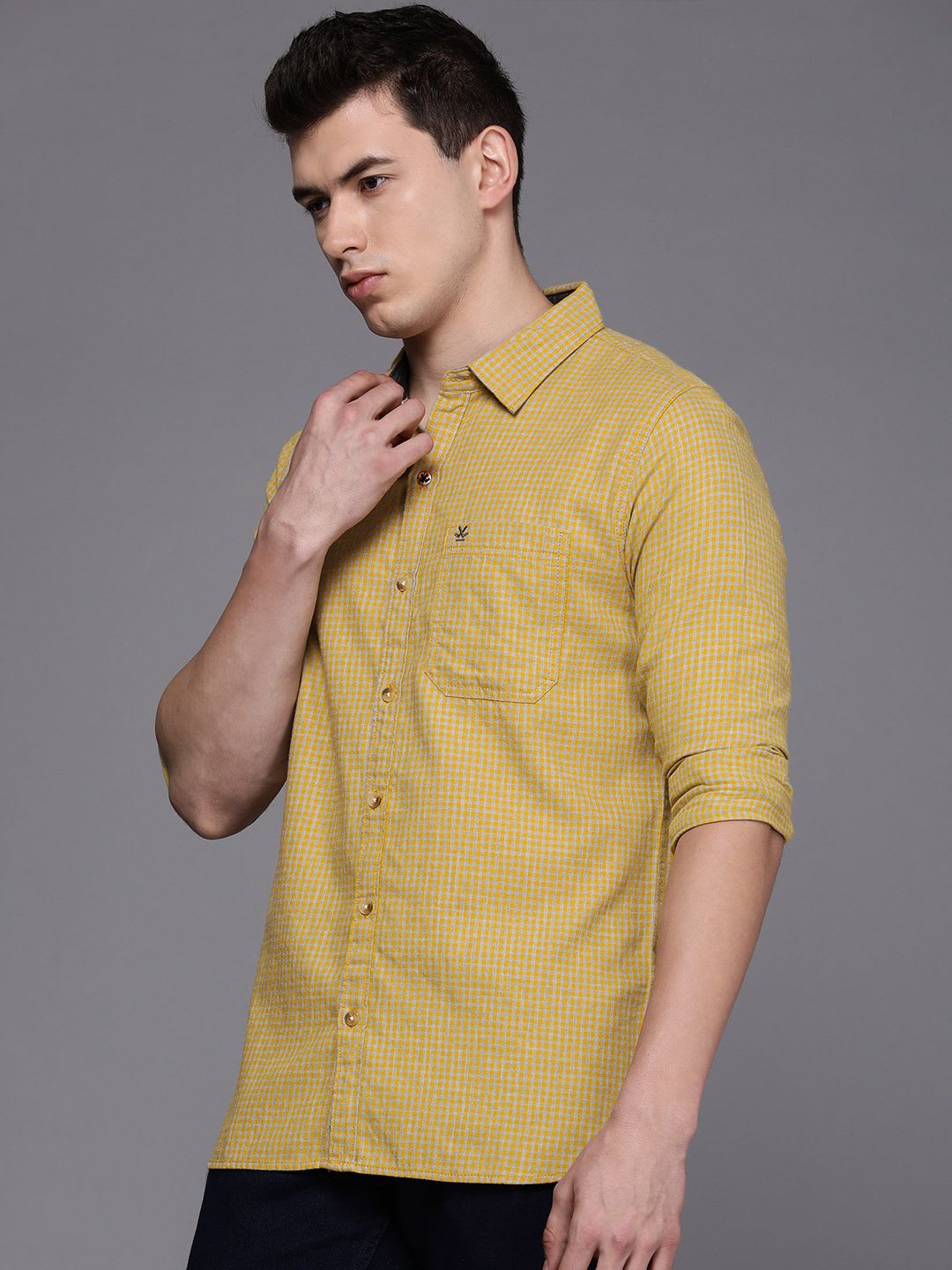 WROGN Men Yellow & Grey Slim Fit Micro Checks Casual Shirt - right view