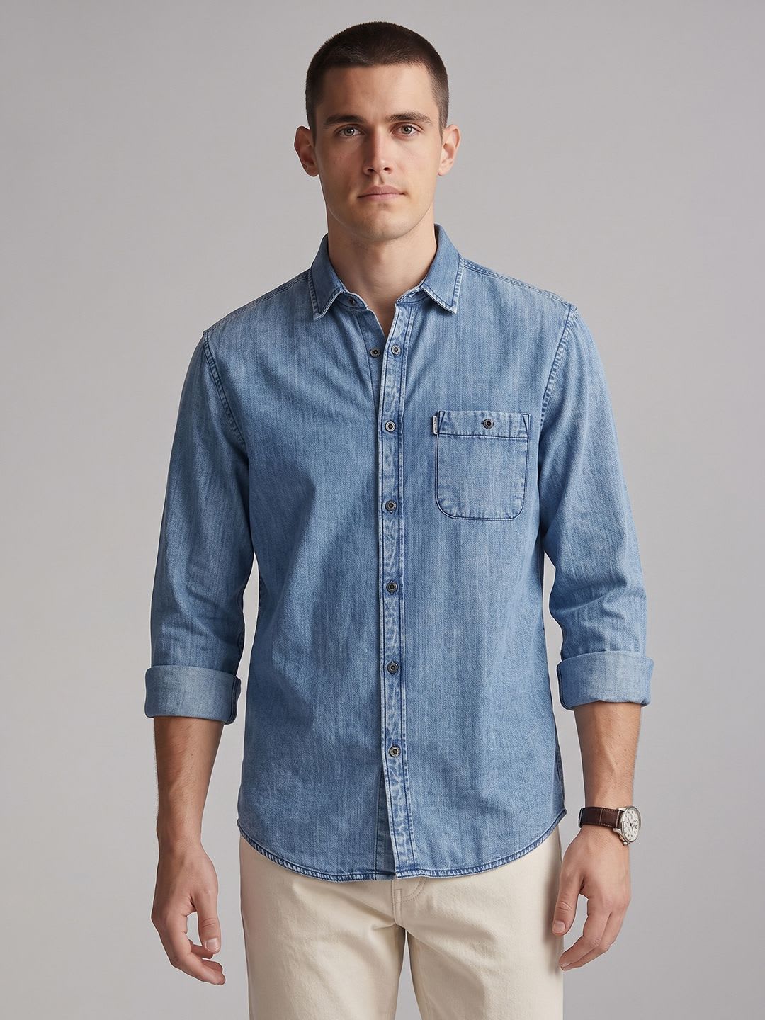 Louis Philippe Jeans Slim Fit Chambray Pure Cotton Casual Shirt - default view