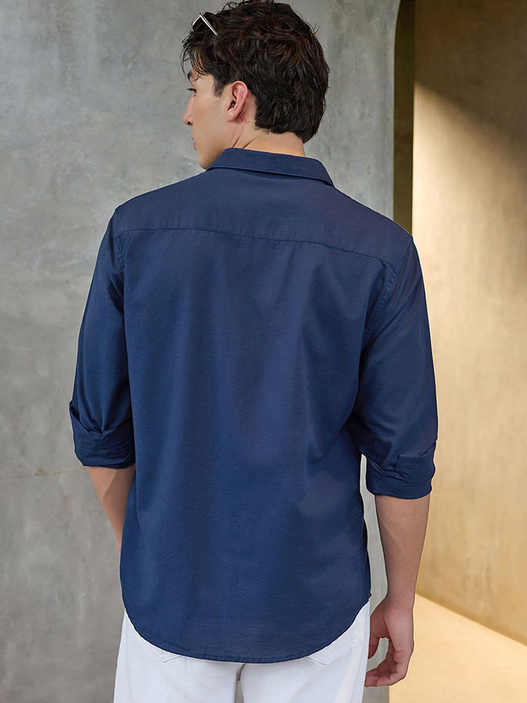 Bewakoof Men's Navy Blue Cotton Linen Shirt - left view