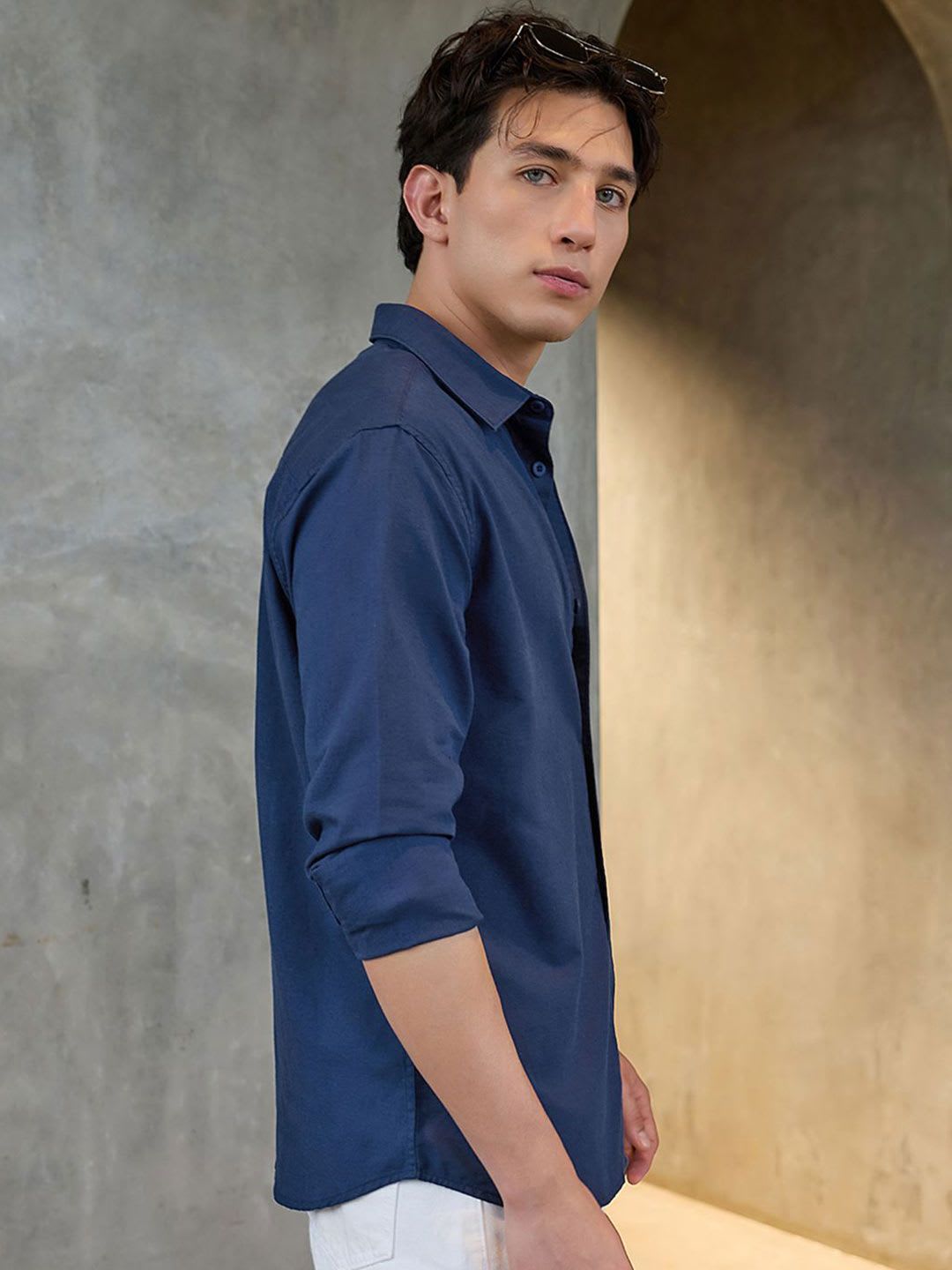 Bewakoof Men's Navy Blue Cotton Linen Shirt - right view