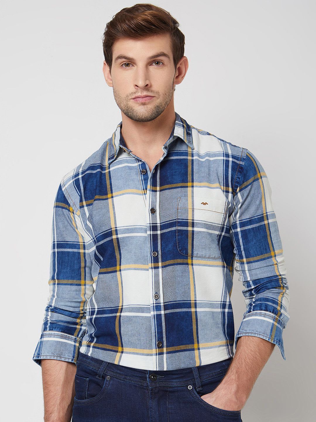 Mufti spread collar Long Sleeves Slim Fit Tartan Checked Casual Cotton Shirt - default view